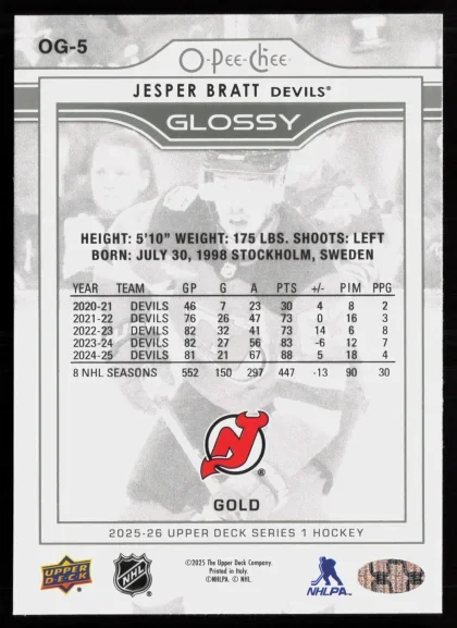 2025 2025-26 Upper Deck Jesper Bratt Hockey card — Back thumbnail