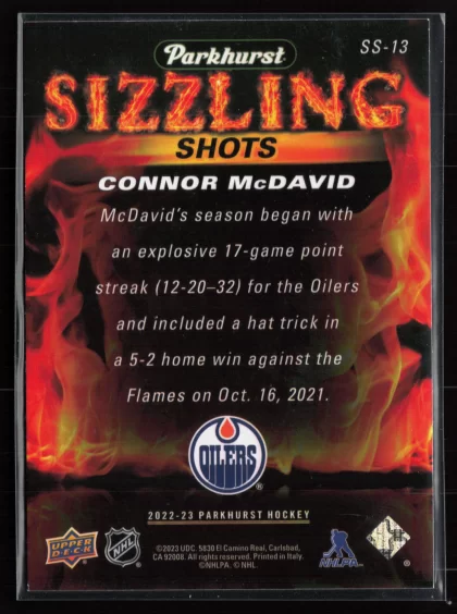 2022 2022-23 Parkhurst - Sizzling Shots Connor McDavid Hockey card — Back thumbnail
