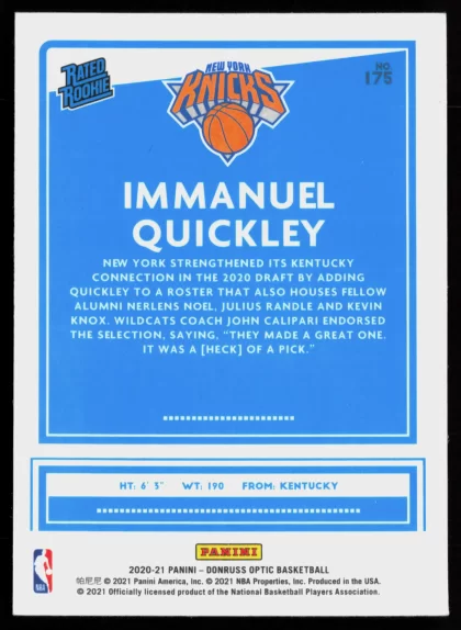 2020 2020-21 Donruss Optic Immanuel Quickley Basketball card — Back thumbnail