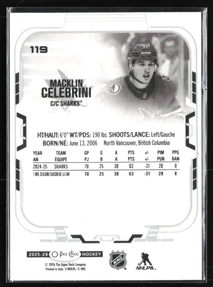 2025 2025-26 O-Pee-Chee Macklin Celebrini Hockey card — Back thumbnail