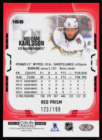 2025 2025-26 O-Pee-Chee Platinum William Karlsson Hockey card — Back thumbnail