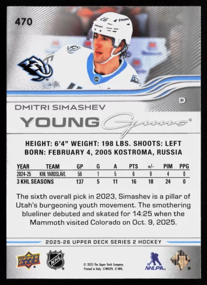 2025 2025-26 Upper Deck Dmitri Simashev Hockey card — Back thumbnail