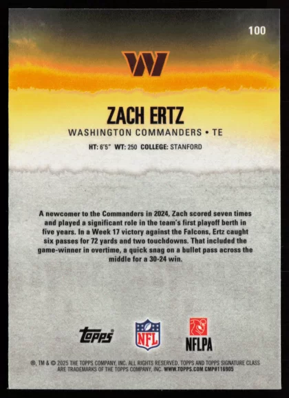 2025 2025 Topps Signature Class Zach Ertz Football card — Back thumbnail