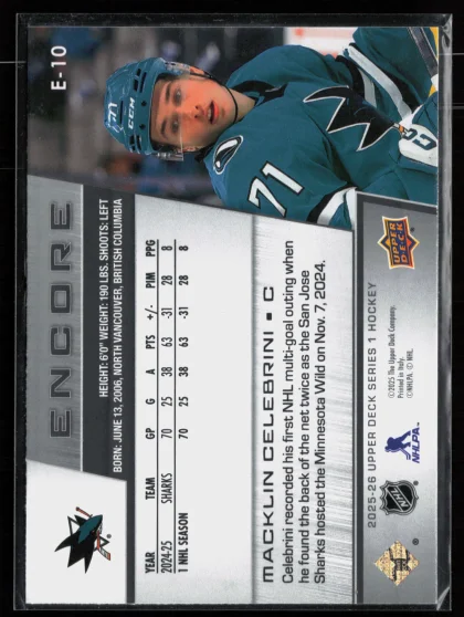 2025 2025-26 Upper Deck Macklin Celebrini Hockey card — Back thumbnail