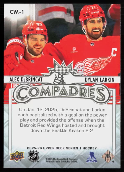 2025 2025-26 Upper Deck Alex DeBrincat / Dylan Larkin Hockey card — Back thumbnail