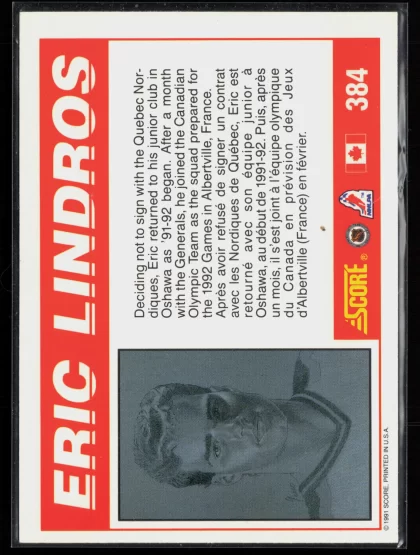 1991 1991-92 Score Canadian English Eric Lindros Hockey card — Back thumbnail