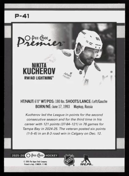 2025 2025-26 O-Pee-Chee Nikita Kucherov Hockey card — Back thumbnail
