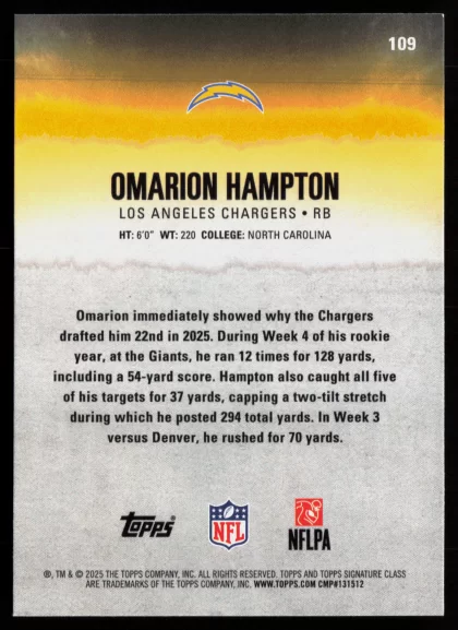 2025 2025 Topps Signature Class Omarion Hampton Football card — Back thumbnail