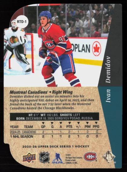 2025 2025-26 Upper Deck Ivan Demidov Hockey card — Back thumbnail