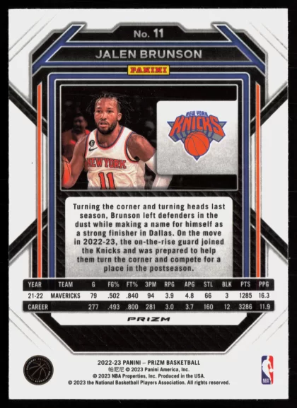 2022 2022-23 Panini Prizm Jalen Brunson Basketball card — Back thumbnail
