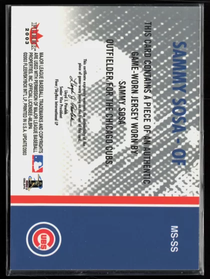 2003 2003 Fleer Tradition Update Sammy Sosa Baseball card — Back thumbnail
