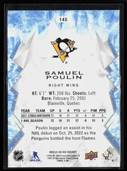 2022 2022-23 Upper Deck Ice Samuel Poulin Hockey card — Back thumbnail