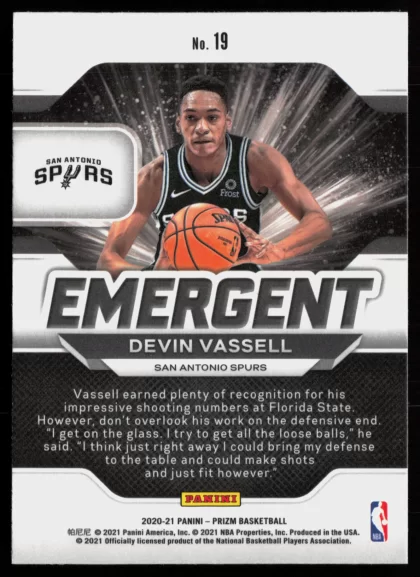 2020 2020-21 Panini Prizm Devin Vassell Basketball card — Back thumbnail