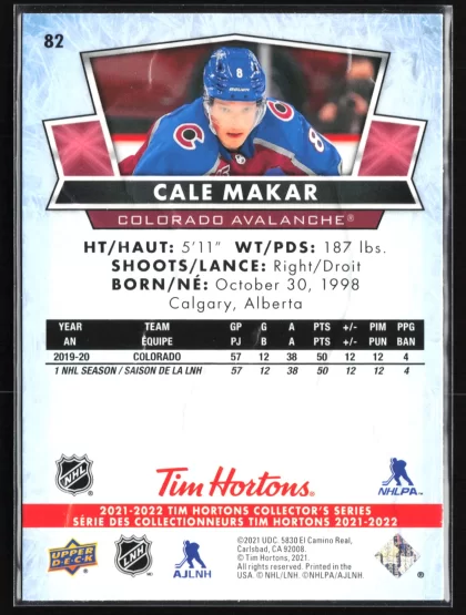 2021 2021-22 Upper Deck Tim Hortons Cale Makar Hockey card — Back thumbnail