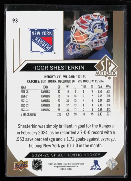 2024 2024-25 SP Authentic Igor Shesterkin Hockey card — Back thumbnail