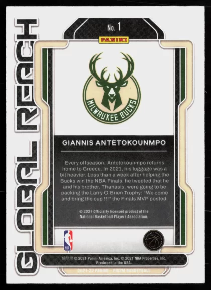 2021 2021-22 Panini Prizm Giannis Antetokounmpo Basketball card — Back thumbnail