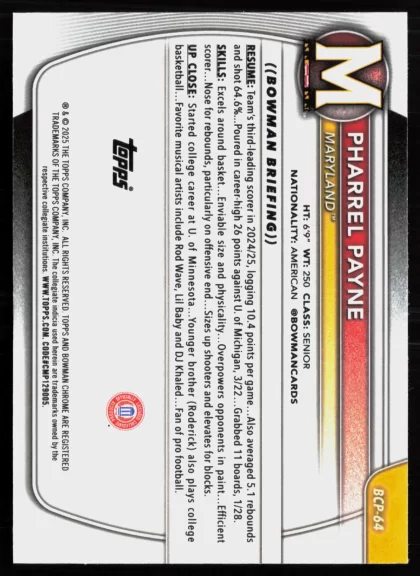 2025 2025-26 Bowman Pharrel Payne Basketball card — Back thumbnail