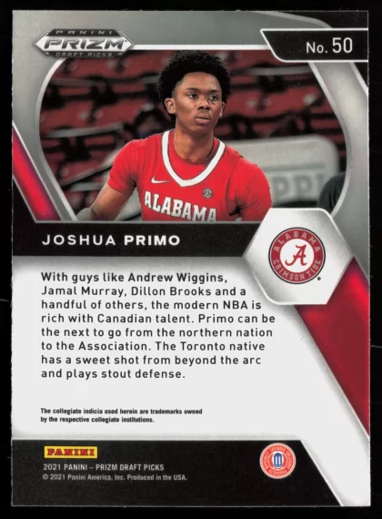 2021 2021 Panini Prizm Draft Picks Joshua Primo Basketball card — Back thumbnail
