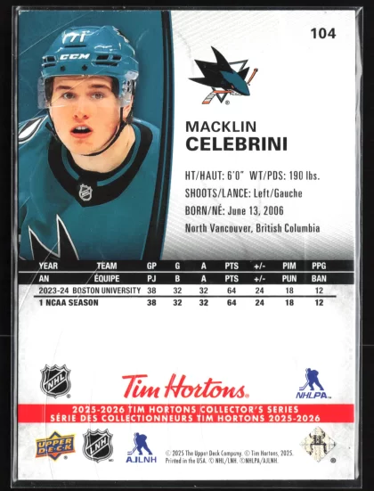 2025 2025-26 Upper Deck Tim Hortons Macklin Celebrini Hockey card — Back thumbnail