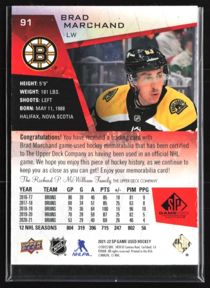2021 2021-22 SP Game Used Brad Marchand Hockey card — Back thumbnail