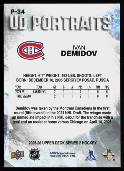 2025 2025-26 Upper Deck Ivan Demidov Hockey card — Back thumbnail