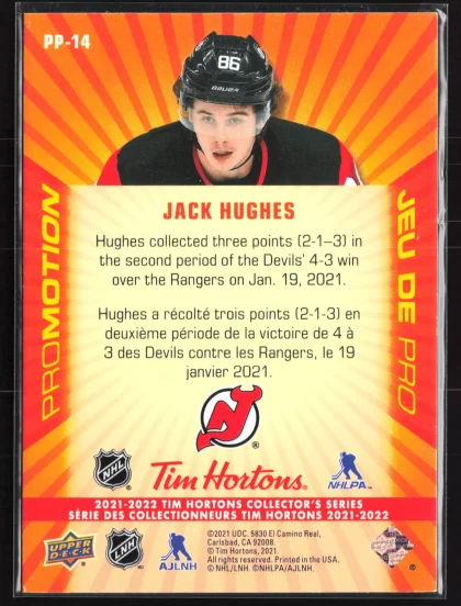 2021 2021-22 Upper Deck Tim Hortons Jack Hughes Hockey card — Back thumbnail