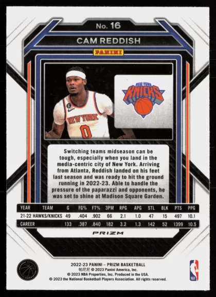 2022 2022-23 Panini Prizm Cam Reddish Basketball card — Back thumbnail