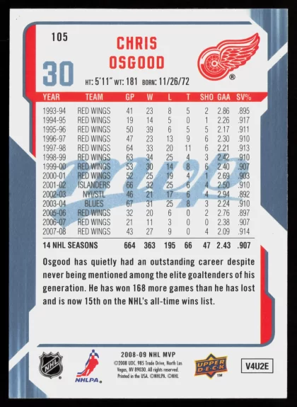 2008 2008-09 Upper Deck MVP Chris Osgood Hockey card — Back thumbnail