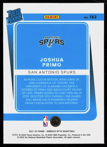 2021 2021-22 Donruss Optic Joshua Primo Basketball card — Back thumbnail