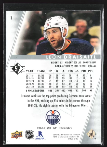 2022 2022-23 SP Authentic Leon Draisaitl Hockey card — Back thumbnail