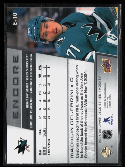 2025 2025-26 Upper Deck Macklin Celebrini Hockey card — Back thumbnail