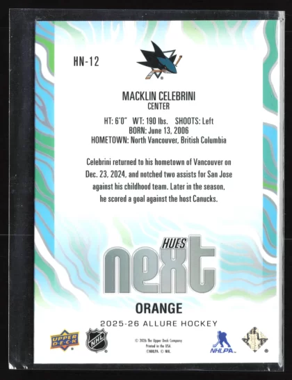 2025 2025-26 Upper Deck Allure Macklin Celebrini Hockey card — Back thumbnail