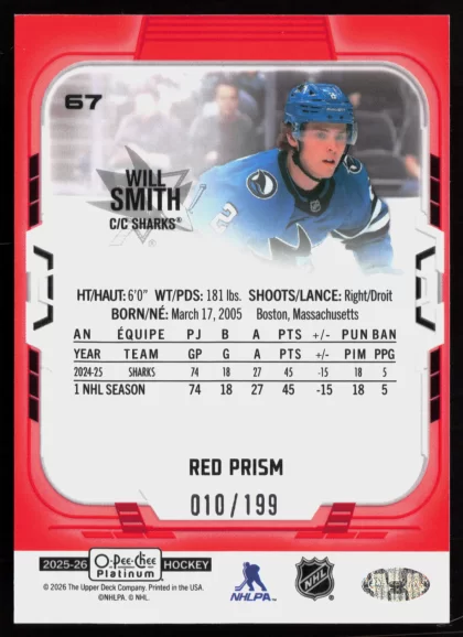 2025 2025-26 O-Pee-Chee Platinum Will Smith Hockey card — Back thumbnail