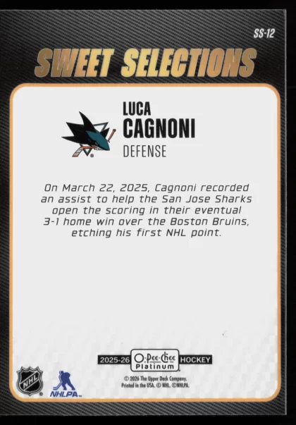 2025 2025-26 O-Pee-Chee Platinum Luca Cagnoni Hockey card — Back thumbnail