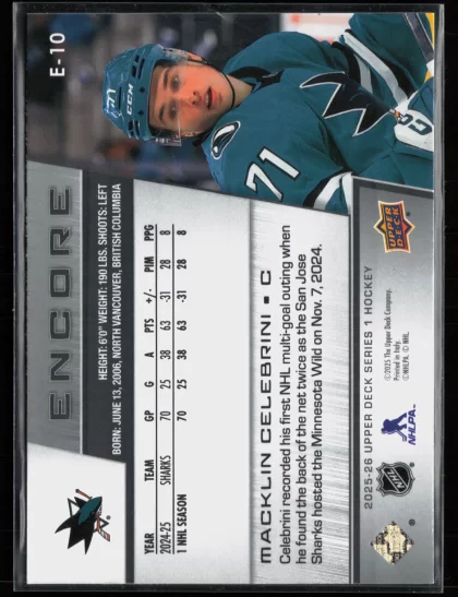 2025 2025-26 Upper Deck Macklin Celebrini Hockey card — Back thumbnail