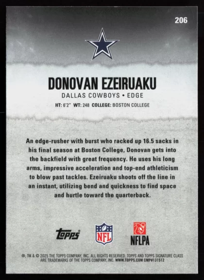 2025 2025 Topps Signature Class Donovan Ezeiruaku Football card — Back thumbnail