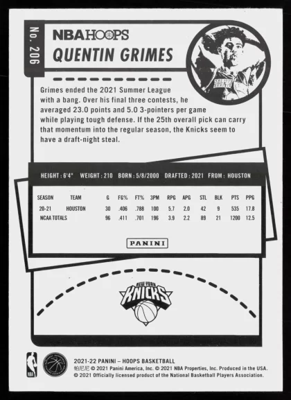 2021 2021-22 Hoops Quentin Grimes Basketball card — Back thumbnail
