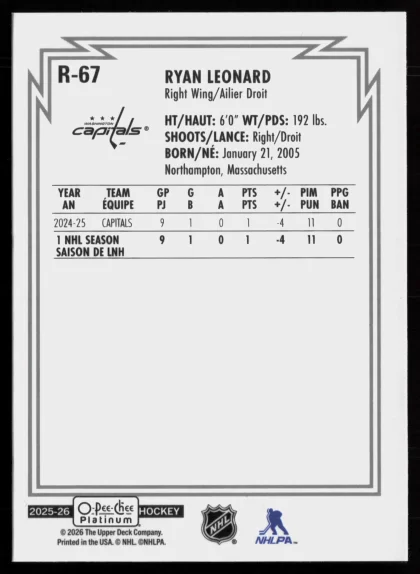 2025 2025-26 O-Pee-Chee Platinum Ryan Leonard Hockey card — Back thumbnail