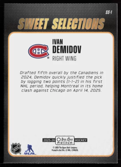 2025 2025-26 O-Pee-Chee Platinum Ivan Demidov Hockey card — Back thumbnail