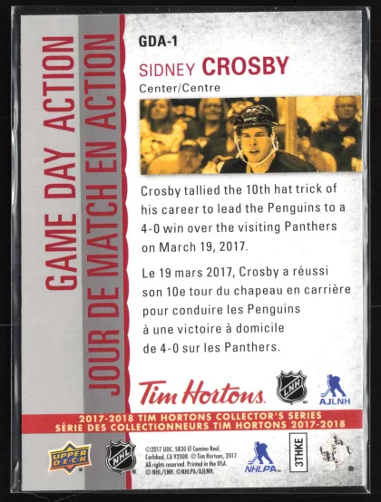 2017 2017-18 Upper Deck Tim Hortons Sidney Crosby Hockey card — Back thumbnail