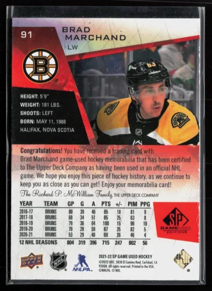 2021 2021-22 SP Game Used Brad Marchand Hockey card — Back thumbnail