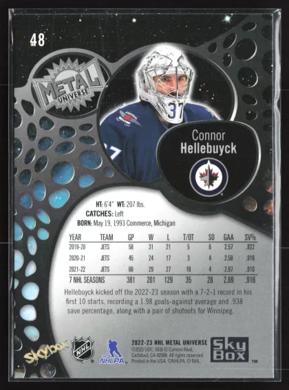 2022 2022-23 SkyBox Metal Universe Connor Hellebuyck Hockey card — Back thumbnail