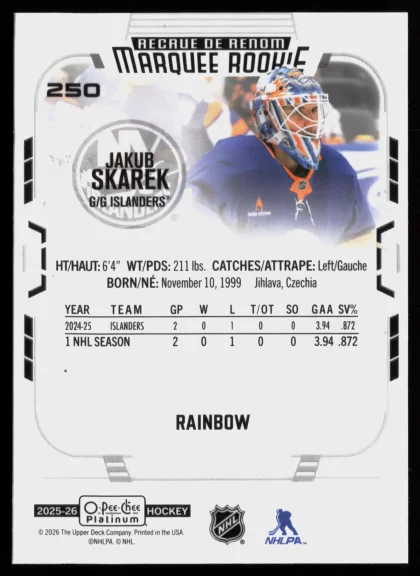 2025 2025-26 O-Pee-Chee Platinum Jakub Skarek Hockey card — Back thumbnail