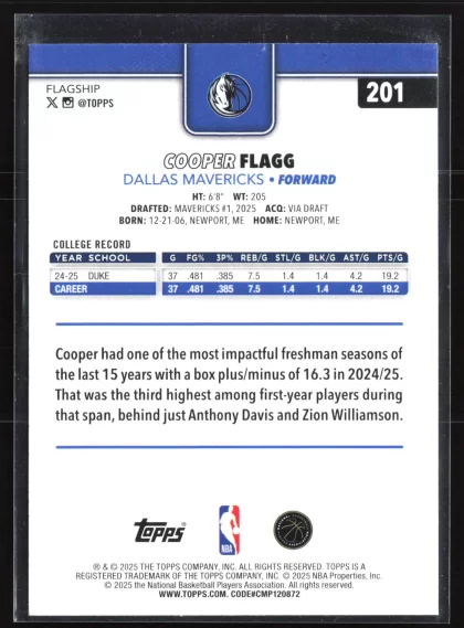 2025 2025-26 Topps Cooper Flagg Basketball card — Back thumbnail