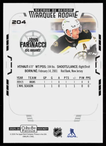 2025 2025-26 O-Pee-Chee Platinum John Farinacci Hockey card — Back thumbnail
