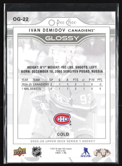 2025 2025-26 Upper Deck Ivan Demidov Hockey card — Back thumbnail