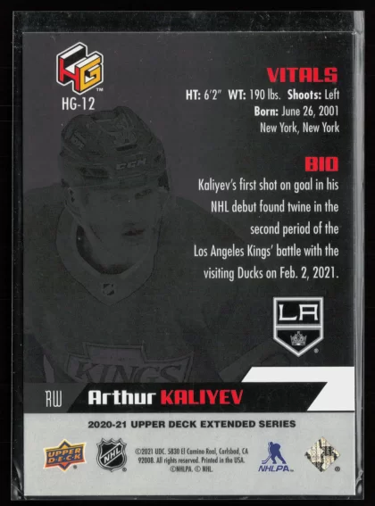 2020 2020-21 Upper Deck Arthur Kaliyev Hockey card — Back thumbnail