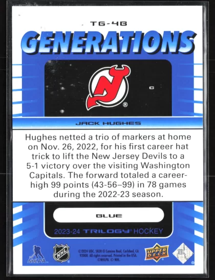 2023 2023-24 Upper Deck Trilogy Jack Hughes Hockey card — Back thumbnail
