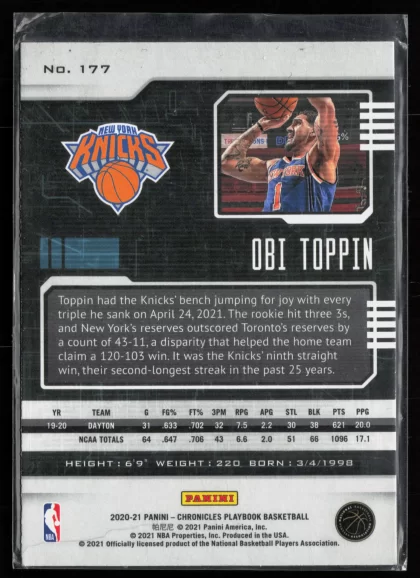2020 2020-21 Panini Chronicles Obi Toppin Basketball card — Back thumbnail