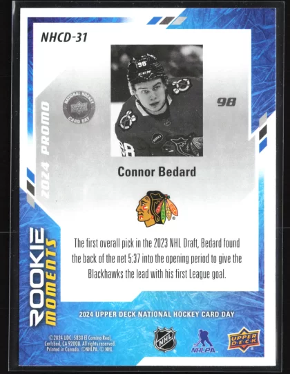 2024 2024 Upper Deck National Hockey Card Day Connor Bedard Hockey card — Back thumbnail
